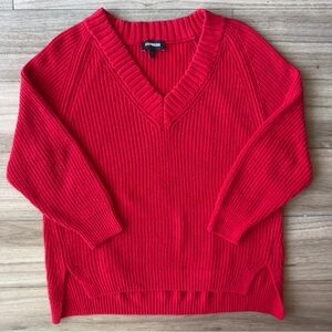 Express Oversized V-Neck Red Knit Sweater Size XXS